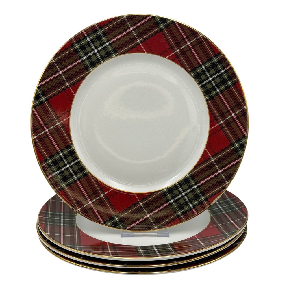 222 Fifth Wexford Christmas Holiday Red Plaid Porcelain Dinner Plates Set of 4